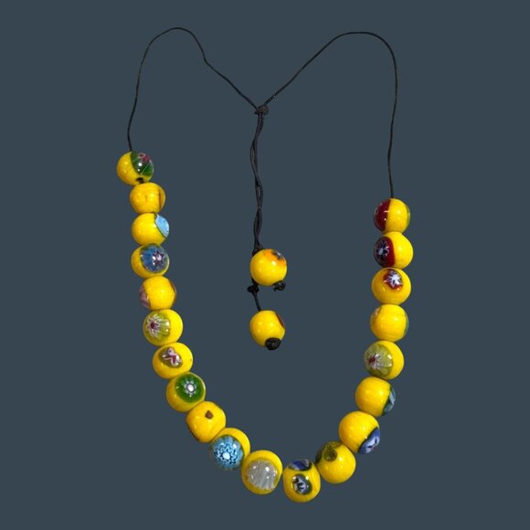 Yellow Millefiori Glass Beaded Venetian Choker Necklace Multi Length Vintage - Picture 1 of 6